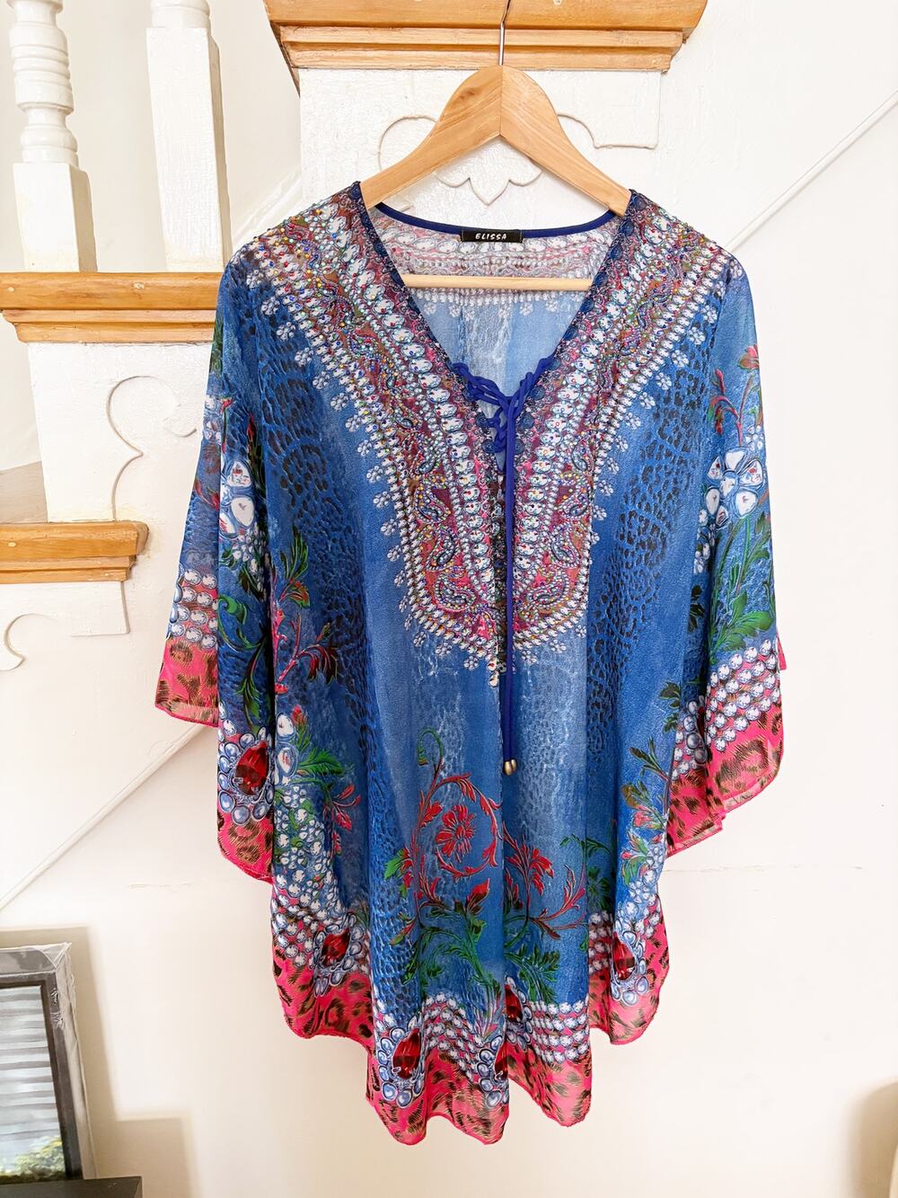 Elissa Blue Boho Embellished Beach Cover Up Poncho One Size Sheer Kaftan Tunic